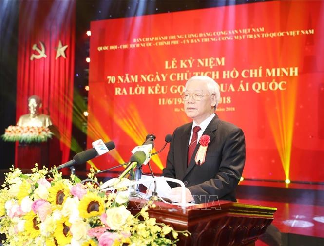 Sáng 3/6/2018, Lễ kỷ niệm quốc gia 70 năm Ngày Chủ tịch Hồ Chí Minh ra Lời kêu gọi thi đua ái quốc (11/6/1948 - 11/6/2018) và tuyên dương Anh hùng Lực lượng vũ trang, Anh hùng Lao động, điển hình tiên tiến qua các thời kỳ được tổ chức trọng thể tại Cung Văn hóa Lao động Hữu nghị Việt Xô, Hà Nội. Trong ảnh: Tổng Bí thư Nguyễn Phú Trọng phát biểu chỉ đạo. Ảnh: Trí Dũng - TTXVN