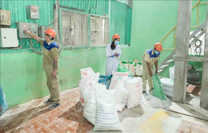 Nhân viên KCS của Nbee Feed kiểm tra chất lượng sản phẩm, lấy mẫu lưu trữ theo đúng số lô và ngày sản xuất. Ảnh: Phan Phương - TTXVN