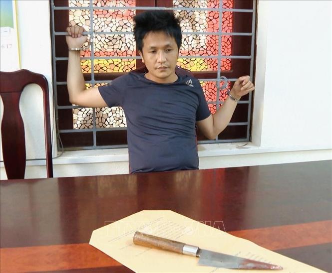 Đối tượng Lê Đình Triều và hung khí. Ảnh: TTXVN phát