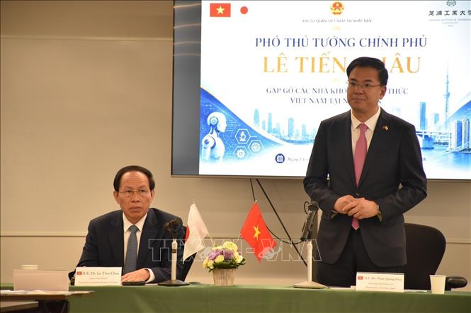 Đại sứ Việt Nam tại Nhật Bản Phạm Quang Hiệu phát biểu khai mạc buổi gặp gỡ của Phó Thủ tướng Lê Tiến Châu với các nhà khoa học Việt Nam tại Nhật Bản. Ảnh: Xuân Giao - Pv TTXVN tại Nhật Bản