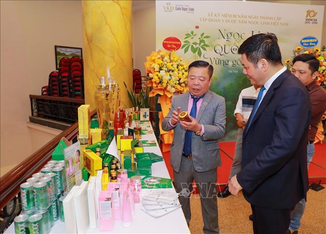 Đại biểu tìm hiểu các sản phẩm của Tập đoàn y dược Sâm Ngọc Linh Việt Nam. Ảnh: Khánh Hoà - TTXVN