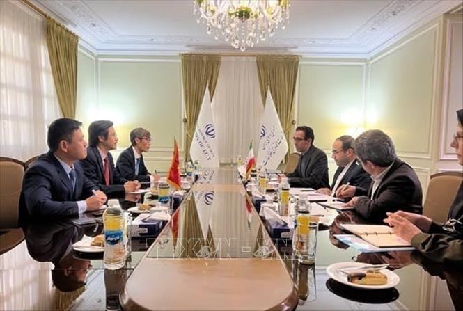 Đại sứ Việt Nam tại Iran Nguyễn Lương Ngọc làm việc với ông M. Haji Zeinolabedini, Vụ trưởng Vụ Hợp tác Quốc tế và Phát triển Xuất khẩu, Bộ Công nghệ về Thông tin và Truyền thông  Iran về cơ hội hợp tác trong lĩnh vực khoa học, công nghệ giữa 2 nước. Ảnh: TTXVN phát
