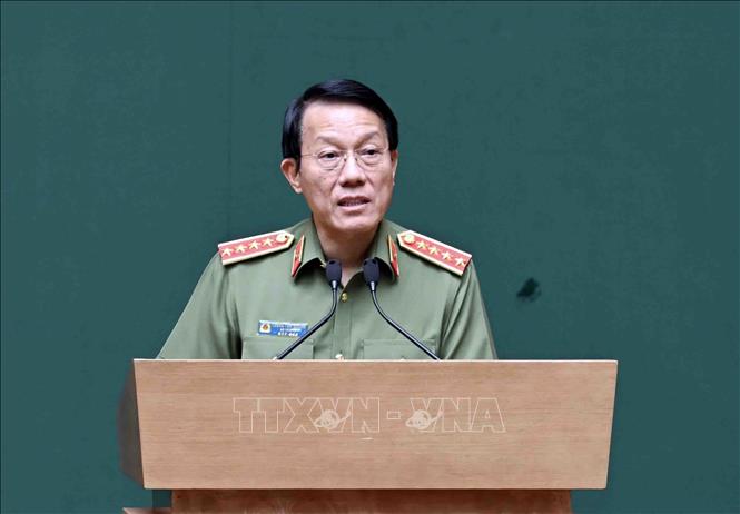 Đại tướng Lương Tam Quang, Ủy viên Bộ Chính trị, Bí thư Đảng ủy Công an Trung ương, Bộ trưởng Bộ Công an phát biểu. Ảnh: Phạm Kiên - TTXVN