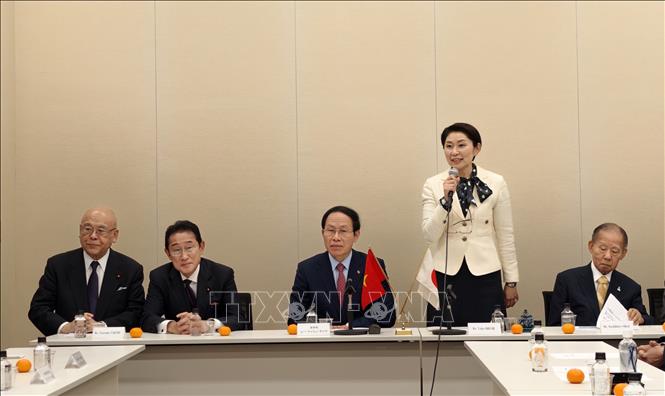 Chủ tịch Liên minh Nghị sĩ hữu nghị Nhật Bản - Việt Nam Yuko Obuchi phát biểu chào mừng Phó Thủ tướng và đoàn công tác. Ảnh: Bùi Hà - PV TTXVN tại Nhật Bản