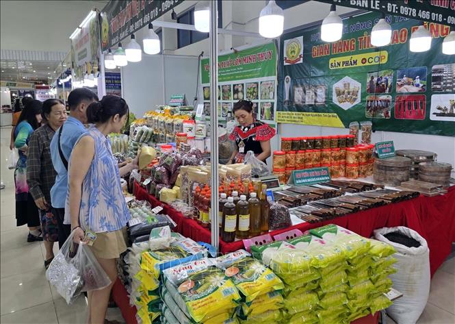Các gian hàng bày bán các thực phẩm vùng miền tại hội chợ. Ảnh: Trần Lê Lâm - TTXVN 