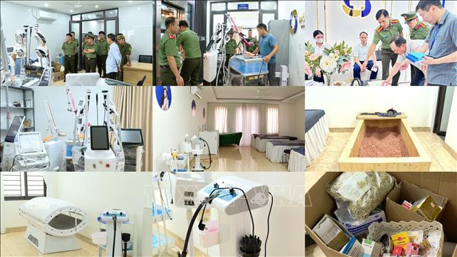 Máy móc, phương tiện các đối tượng sử dụng để điều trị, lừa dối khách hàng. Ảnh: TTXVN phát