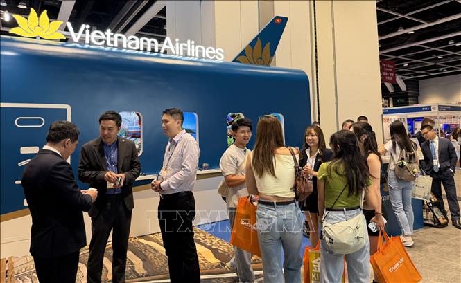 Gian hàng của Hãng hàng không quốc gia Việt Nam (Vietnam Airlines) tại ITE 2026. Ảnh: Lê Anh - PV TTXVN tại Hong Kong