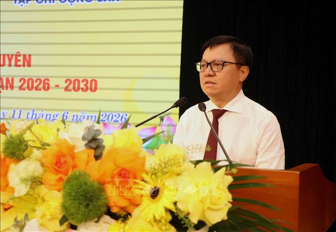 Ông  Lê Quốc Minh, Ủy viên Trung ương Đảng, Tổng Biên tập Báo Nhân Dân, Phó Trưởng ban Tuyên giáo và Dân vận Trung ương, Chủ tịch Hội Nhà báo Việt Nam phát biểu. Ảnh: Trần Trang - TTXVN 
