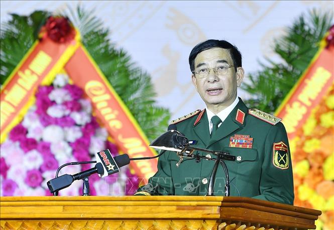 Đại tướng Phan Văn Giang, Ủy viên Bộ Chính trị, Phó Bí thư Quân ủy Trung ương, Phó Thủ tướng Chính phủ, Bộ trưởng Bộ Quốc phòng phát biểu tại buổi lễ. Ảnh: TTXVN