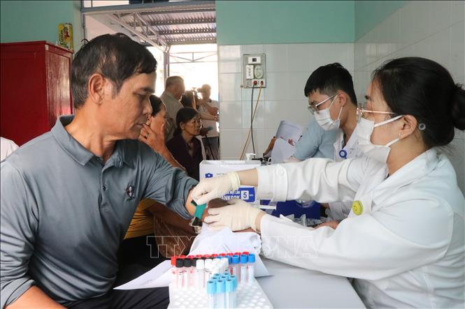 Bác sĩ thực hiện lấy máu để tầm soát bệnh cho đối tượng người cao tuổi. Ảnh: Nguyên Dung - TTXVN