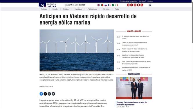 Bài viết đăng tải trên trang https://www.prensa-latina.cu/2026/06/10/anticipan-en-vietnam-rapido-desarrollo-de-energia-eolica-marina. Ảnh: TTXVN phát
