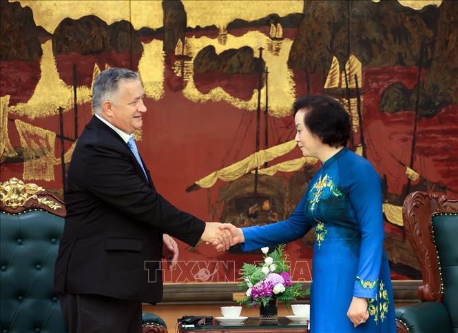 Phó Thủ tướng Phạm Thị Thanh Trà tiếp Tiến sỹ Stephen Maxner, Giám đốc Trung tâm Việt Nam và Văn khố Sam Johnson, đại diện Đại học Công nghệ Texas (Hoa Kỳ). Ảnh: Tuấn Anh - TTXVN