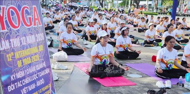 Hàng trăm người dân Cần Thơ hòa mình vào những động tác Yoga dẻo dai. Ảnh: Nguyễn Hằng - TTXVN