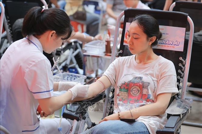 Tình nguyện viên hiến máu tại Viện Huyết học - Truyền máu Trung ương, sáng 14/6. Ảnh: Minh Quyết - TTXVN