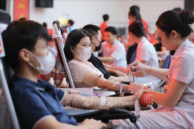 Tình nguyện viên hiến máu tại Viện Huyết học - Truyền máu Trung ương, sáng 14/6. Ảnh: Minh Quyết - TTXVN