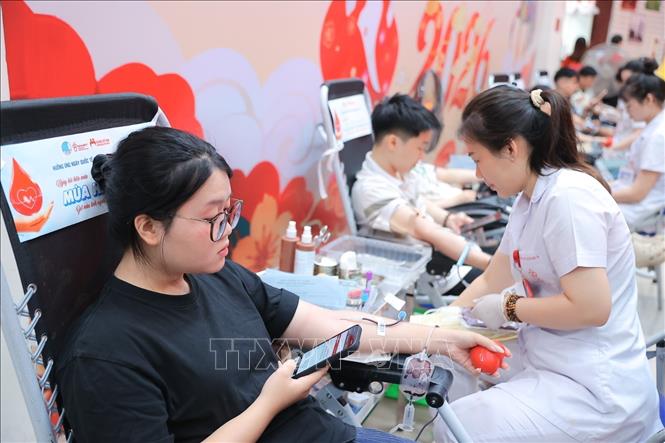 Tình nguyện viên hiến máu tại Viện Huyết học - Truyền máu Trung ương, sáng 14/6. Ảnh: Minh Quyết - TTXVN