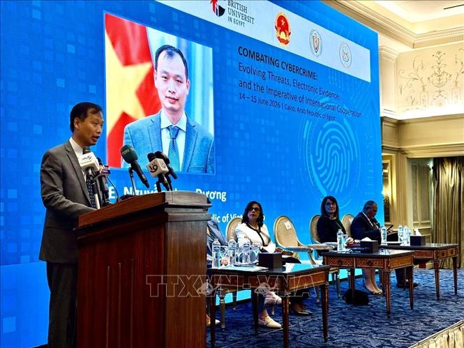 Đại sứ Việt Nam tại Ai Cập Nguyễn Nam Dương phát biểu tại phiên khai mạc hội nghị. Ảnh: Hoàng Nhương - PV TTXVN tại Ai Cập