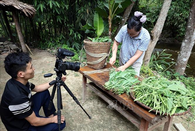 Youtuber nổi tiếng với hàng triệu người theo dõi Lý Thị Ca, dân tộc Dao ở xã thôn Khau Cau, xã Lâm Bình đang quay hình giới thiệu các sản phẩm địa phương. Ảnh: Trần Việt - TTXVN