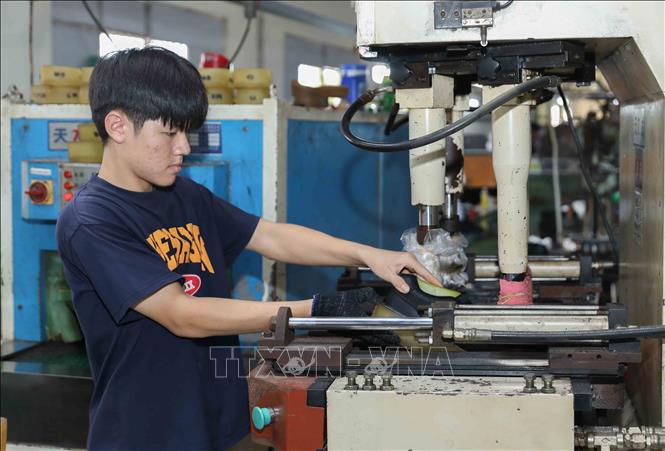 Nhân viên vận hành máy ép đế 4 chiều, đảm bảo độ chính xác tuyệt đối và chất lượng hoàn hảo cho từng sản phẩm giày tại Công ty giày Nam Bình (Thành phố Đồng Nai). Ảnh: Phan Phương – TTXVN
