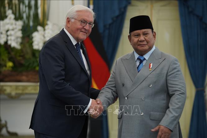 Tổng thống Indonesia Prabowo Subianto đón Tổng thống Cộng hòa Liên bang Đức Frank-Walter Steinmeier thăm cấp nhà nước tới Indonesia. Ảnh: TTXVN phát