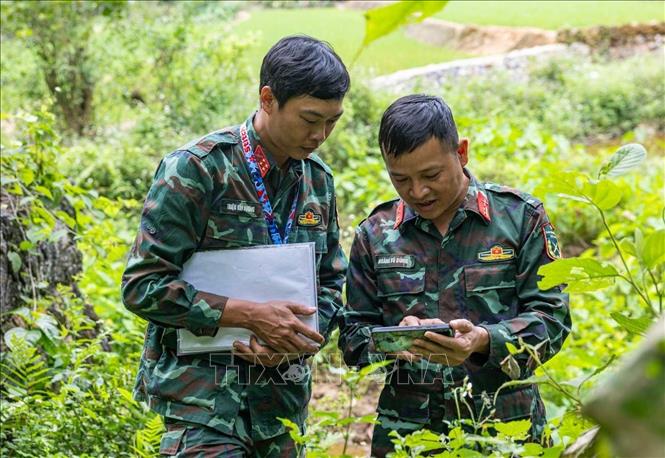 Các thành viên đội tìm kiếm xác minh thông tin được cung cấp với vị trí thực địa. Ảnh: Hoàng Hiếu - TTXVN