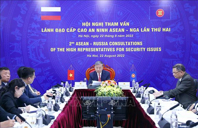 Chiều 22/8/2022, tại Hà Nội, Đại tướng Tô Lâm, Bộ trưởng Bộ Công an dự Hội nghị tham vấn Lãnh đạo cấp cao an ninh ASEAN - Nga lần thứ 2 theo hình thức trực tuyến. Ảnh: Phạm Kiên - TTXVN