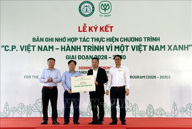 Đại diện Công ty Cổ phần Chăn nuôi C.P. Việt Nam trao tặng 10 nghìn cây giống lâm nghiệp chịu hạn, giữ đất cho đại diện Sở Nông nghiệp và Môi trường tỉnh Lạng Sơn. Ảnh: Văn Đạt - TTXVN