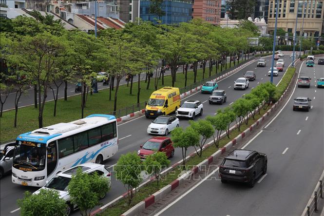 Cây xanh được trồng dọc đại lộ Võ Văn Kiệt tạo mảng xanh cho giao thông đô thị. Ảnh: Hồng Đạt - TTXVN