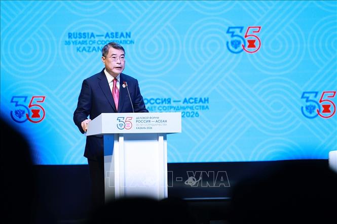 Thủ tướng Lê Minh Hưng phát biểu tại Diễn đàn Doanh nghiệp Nga-ASEAN. Ảnh: Dương Giang – TTXVN
