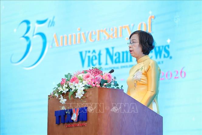 Đồng chí Vũ Việt Trang, Ủy viên Ban Thường vụ Đảng ủy các cơ quan Đảng Trung ương, Phó Trưởng Ban Tuyên giáo và Dân vận Trung ương, Bí thư Đảng ủy, Tổng Giám đốc Thông tấn xã Việt Nam phát biểu tại sự kiện. Ảnh: Phạm Tuấn Anh - TTXVN