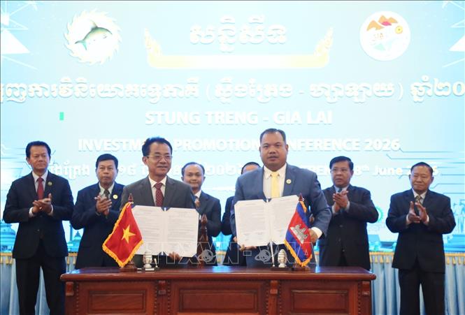 Trong khuôn khổ hội nghị, đại diện tỉnh Stung Treng (Vương quốc Campuchia) và Công ty cổ phần Phú Tài (tỉnh Gia Lai) ký kết Bản ghi nhớ nghiên cứu đầu tư trồng rừng gỗ lớn. Ảnh: Huỳnh Thảo - PV TTXVN tại Campuchia