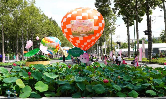 Không gian nghệ thuật con đường sen được bố trí trên đường Lý Thường Kiệt, phường Cao Lãnh, tỉnh Đồng Tháp. Ảnh: Nhựt An - TTXVN