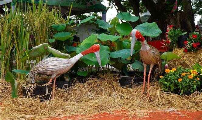 Tiểu cảnh trang trí tại Lễ hội sen Đồng Tháp với mô hình sếu đầu đỏ, lúa và sen. Ảnh: Nhựt An - TTXVN