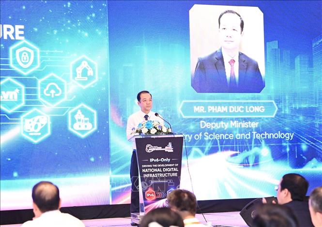 Thứ trưởng Bộ Khoa học và Công nghệ Phạm Đức Long phát biểu tại hội nghị. Ảnh: Thu Hoài - TTXVN