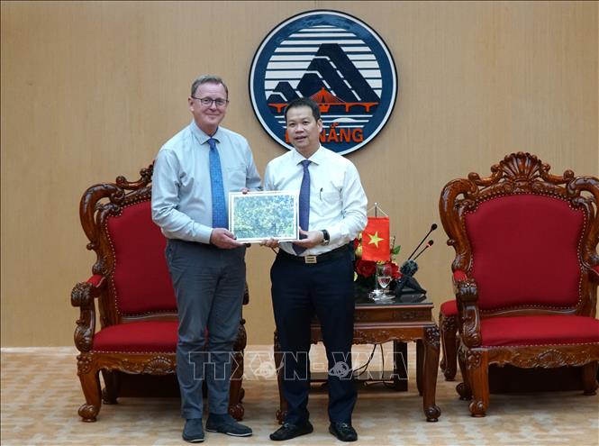 Chủ tịch UBND thành phố Đà Nẵng Nguyễn Mạnh Hùng (bên phải) tặng quà lưu niệm cho Phó Chủ tịch Quốc hội Cộng hòa Liên bang Đức Bodo Ramelow. Ảnh: Quốc Dũng - TTXVN