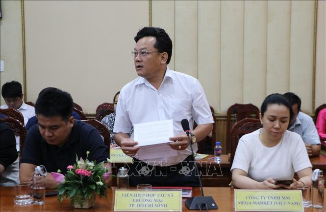 Ông Thái Quốc Đạt Thành, Giám đốc Siêu thị Co.opmart Cao Lãnh, phát biểu tại hội nghị. Ảnh: Hồng Thái - TTXVN