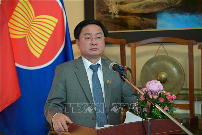 Ủy viên Ban chấp hành Trung ương Đảng, Bí thư Tỉnh ủy Tỉnh Tây Ninh Nguyễn Văn Quyết phát biểu tại Hội nghị xúc tiến đàu tư tỉnh Tây Ninh, ngày 19/6 tại Brussels. Ảnh: Lan Anh - PV TTXVN tại Bỉ
