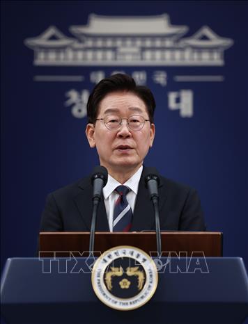 Tổng thống Hàn Quốc Lee Jae Myung trong cuộc họp báo tại Seoul ngày 19/6/2026. Ảnh: Yonhap/TTXVN
