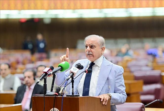 (Tư liệu) Thủ tướng Pakistan Shehbaz Sharif phát biểu tại Islamabad. Ảnh: THX/TTXVN phát