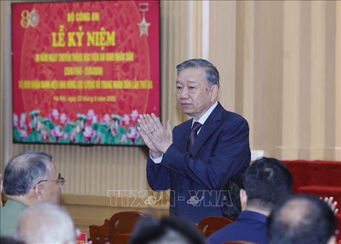 Tổng Bí thư, Chủ tịch nước Tô Lâm dự Lễ kỷ niệm 80 năm Ngày truyền thống Học viện An ninh nhân dân. Ảnh: Thống Nhất – TTXVN