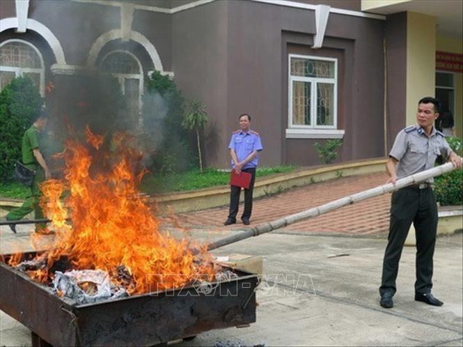Ngày 26/6/2019, Cục Thi hành án dân sự tỉnh Sơn La tiêu hủy vật chứng, tài sản của 15 vụ án, trong đó có 9 vụ án liên quan đến ma túy và 6 vụ án khác đã có hiệu lực theo quy định của pháp luật. Ảnh: Diệp Anh - TTXVN