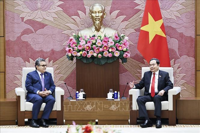 Chủ tịch Quốc hội Trần Thanh Mẫn tiếp Đại sứ đặc mệnh toàn quyền Nhà nước Palestine tại Việt Nam Saadi Salama. Ảnh: Doãn Tấn - TTXVN 