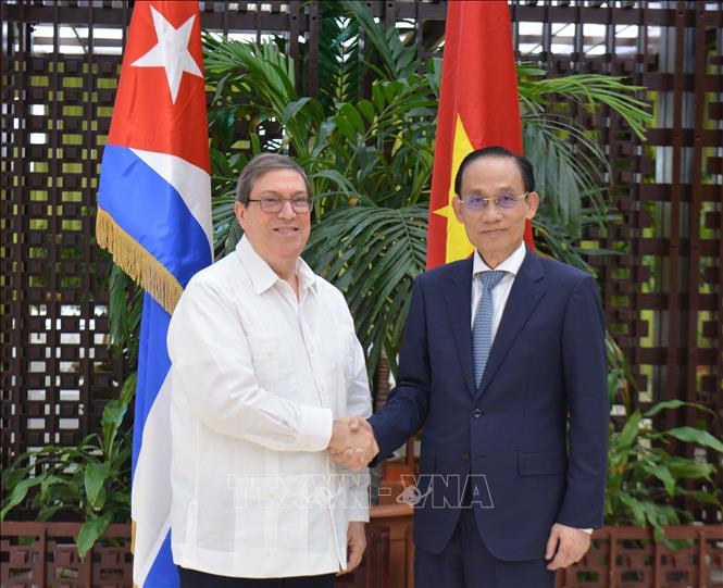 Đặc phái viên của Tổng Bí thư, Chủ tịch nước Tô Lâm, đồng chí Lê Hoài Trung, Ủy viên Bộ Chính trị, Bộ trưởng Bộ Ngoại giao trong cuộc gặp Bộ trưởng Ngoại giao Cuba Bruno Rodríguez Parrilla (trái). Ảnh: Việt Hùng - PV TTXVN tại Cuba 