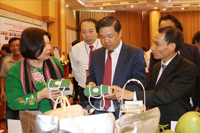 Đại biểu tham quan gian hàng trưng bày sản phẩm của các hợp tác xã bên lề đại hội. Ảnh: Hoài Thu – TTXVN.