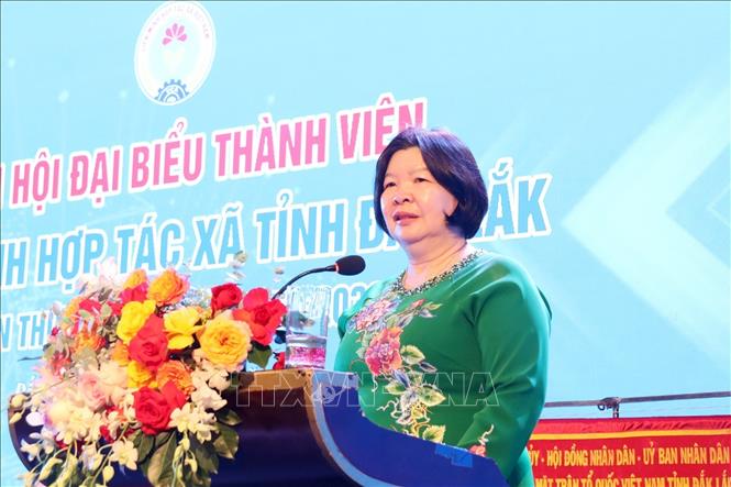Phó Trưởng Ban Chỉ đạo quốc gia về kinh tế tập thể, Chủ tịch Liên minh Hợp tác xã Việt Nam Cao Xuân Thu Vân phát biểu tại Đại hội. Ảnh: Hoài Thu – TTXVN.