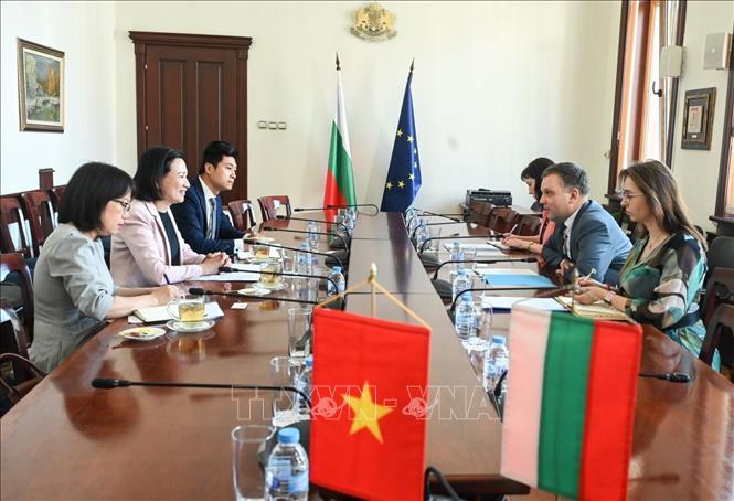 Đại sứ Việt Nam tại Bulgaria Nguyễn Thị Minh Nguyệt đã có cuộc gặp và làm việc với Bộ trưởng Tư pháp Bulgaria Nikolay Naydenov. Ảnh TTXVN phát 