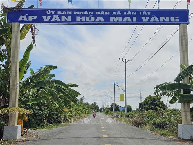Đường sá ở ấp Mai Vàng, xã Tân Tây khang trang, giúp người dân ngày đi lại thuận tiện. Ảnh: Đức Hạnh - TTXVN