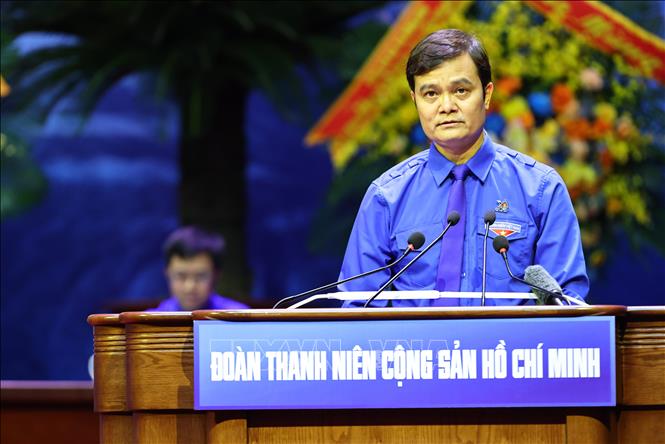 Đồng chí Bùi Quang Huy, Ủy viên Trung ương Đảng, Bí thư thứ nhất Trung ương Đoàn khóa XII đọc Diễn văn khai mạc Đại hội. Ảnh: Minh Đức - TTXVN