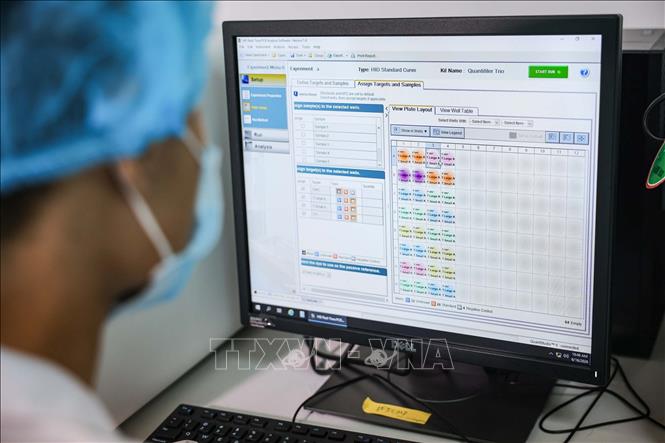 Trung tâm hiện sử dụng hệ thống Real-time PCR QuantStudio 5, một nền tảng phân tích sinh học phân tử hiện đại cho phép định lượng và phát hiện ADN với độ chính xác, độ nhạy cao. Thiết bị hỗ trợ theo dõi quá trình khuếch đại ADN theo thời gian thực, giúp đánh giá chất lượng và hàm lượng mẫu di truyền một cách nhanh chóng, tin cậy. Ảnh: Hoàng Hiếu - TTXVN