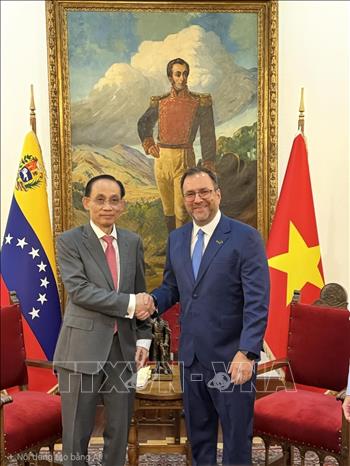 Bộ trưởng Ngoại giao Lê Hoài Trung gặp Bộ trưởng Ngoại giao Venezuela Yvan Gil Pinto. Ảnh: TTXVN phát